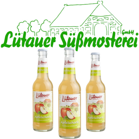 24er‑Kasten Lütauer Apfelschorle naturtrüb in 0,33L Glas‑Mehrwegflaschen.