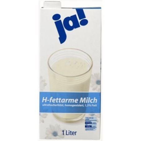 JA! H‑Milch 1,5% im 1‑Liter‑Tetra‑Pack, fettarme haltbare Milch im 12er‑Karton.